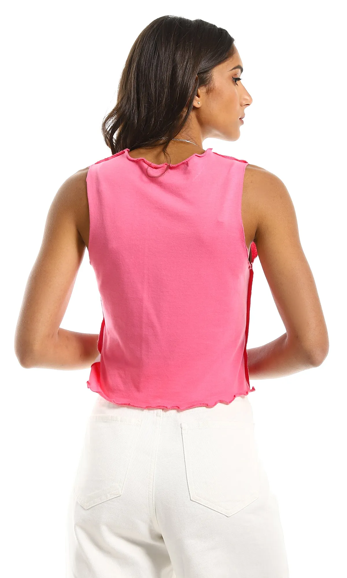 98190 Bi-Tone Sleeveless Crew Neck White & Fuchsia Top