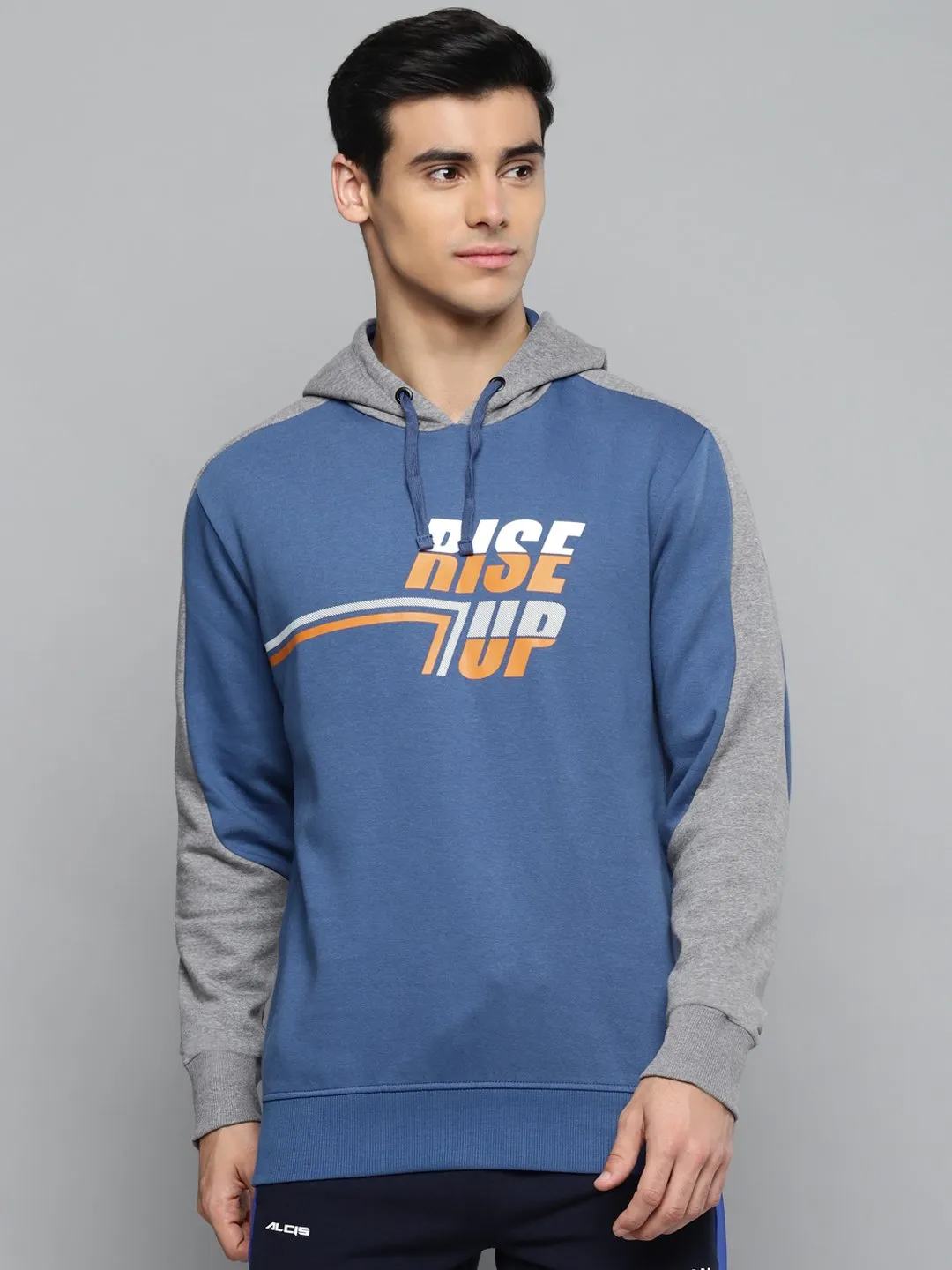 Alcis Men Blue & Orange Typography Printed Cotton Hooded Sweatshirt