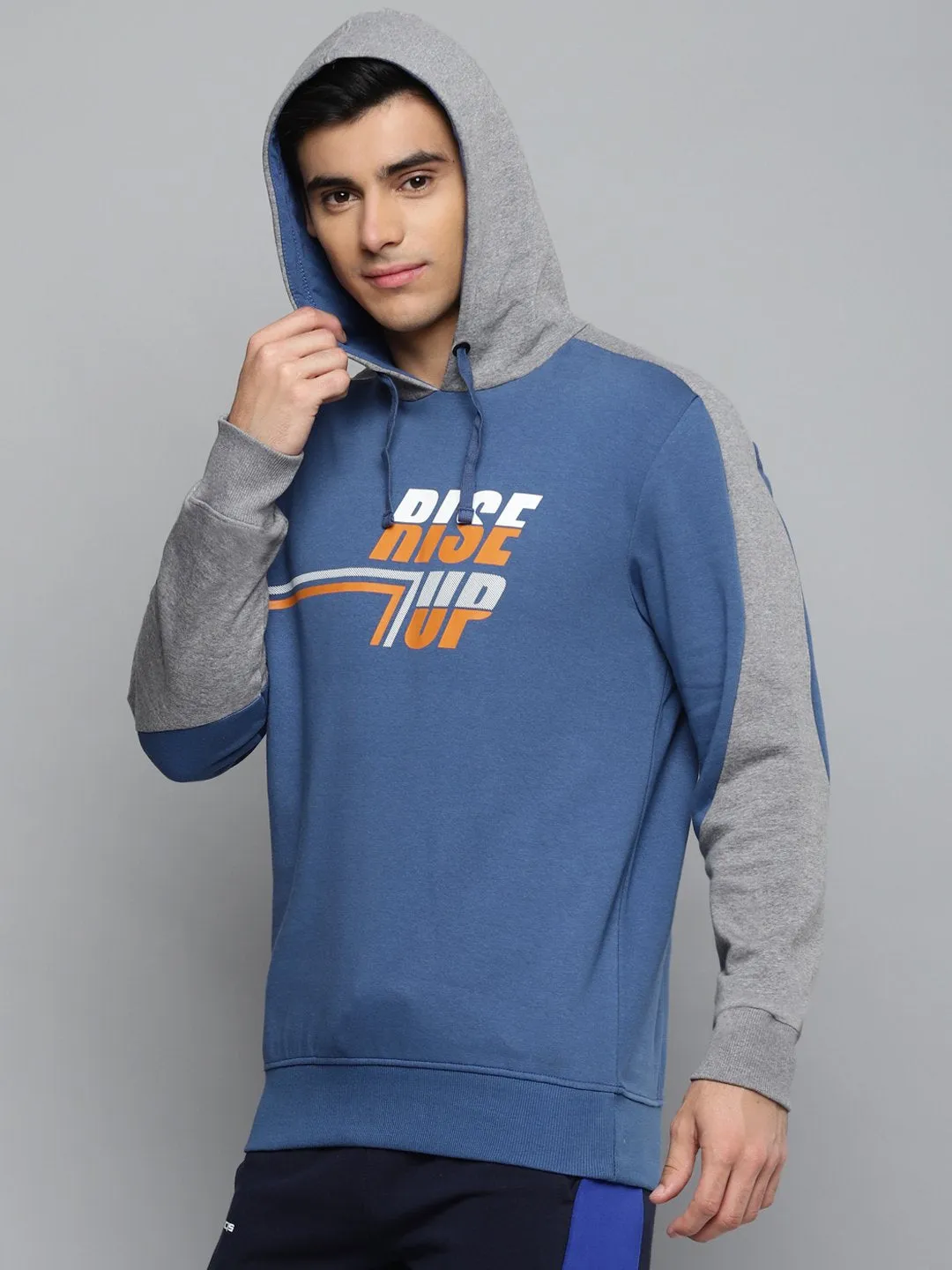 Alcis Men Blue & Orange Typography Printed Cotton Hooded Sweatshirt