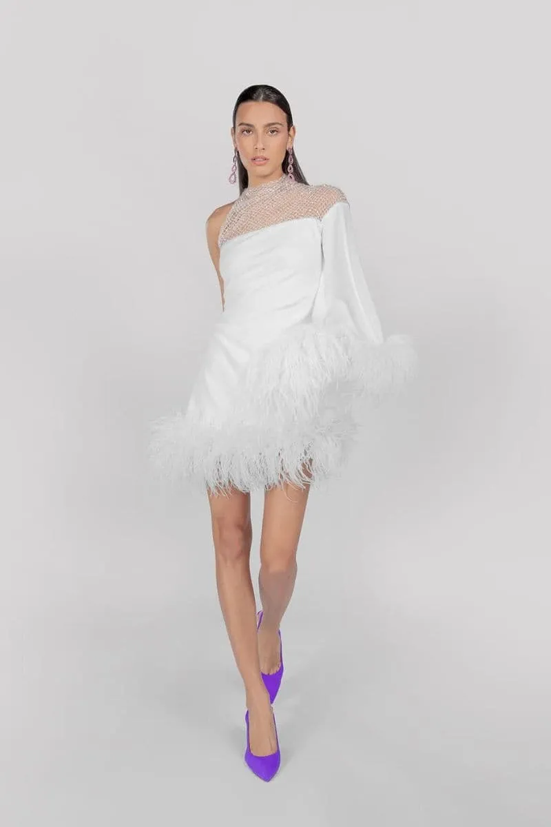 AURORA ASYMMETRIC DRAPED FEATHER DRESS