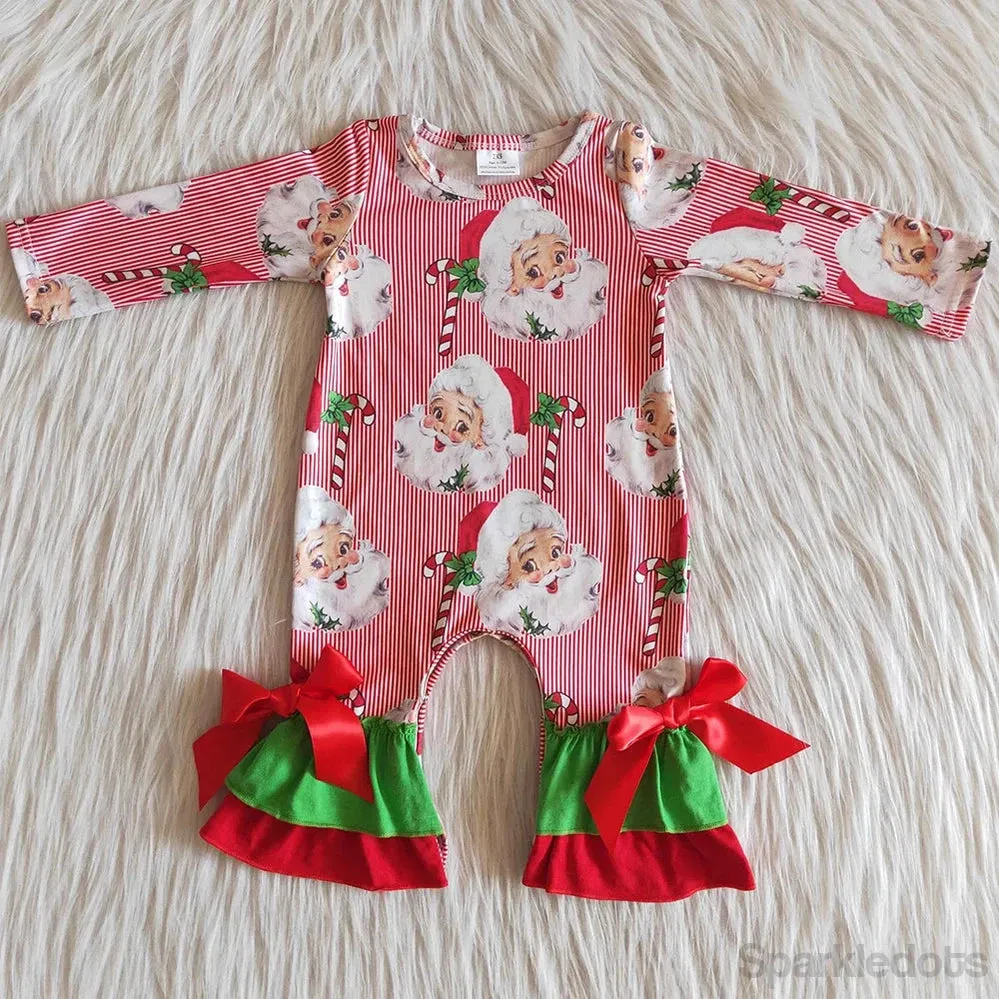 Baby Romper - Christmas - Santa Red & Green Girls Ruffle Bow