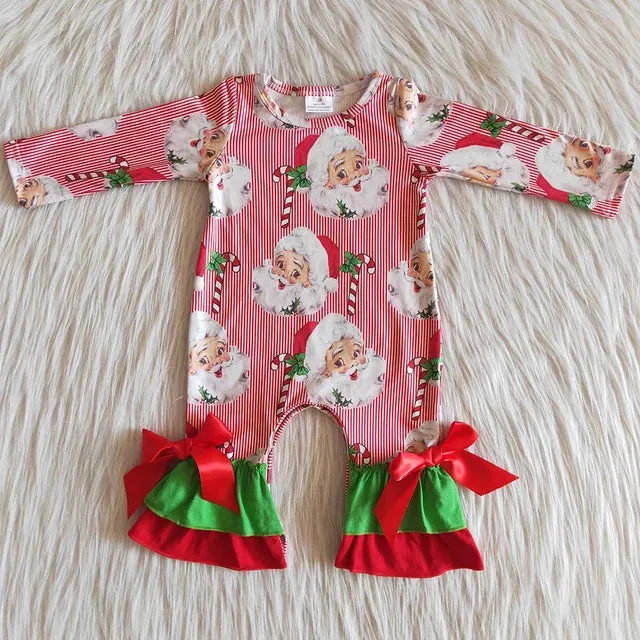 Baby Romper - Christmas - Santa Red & Green Girls Ruffle Bow