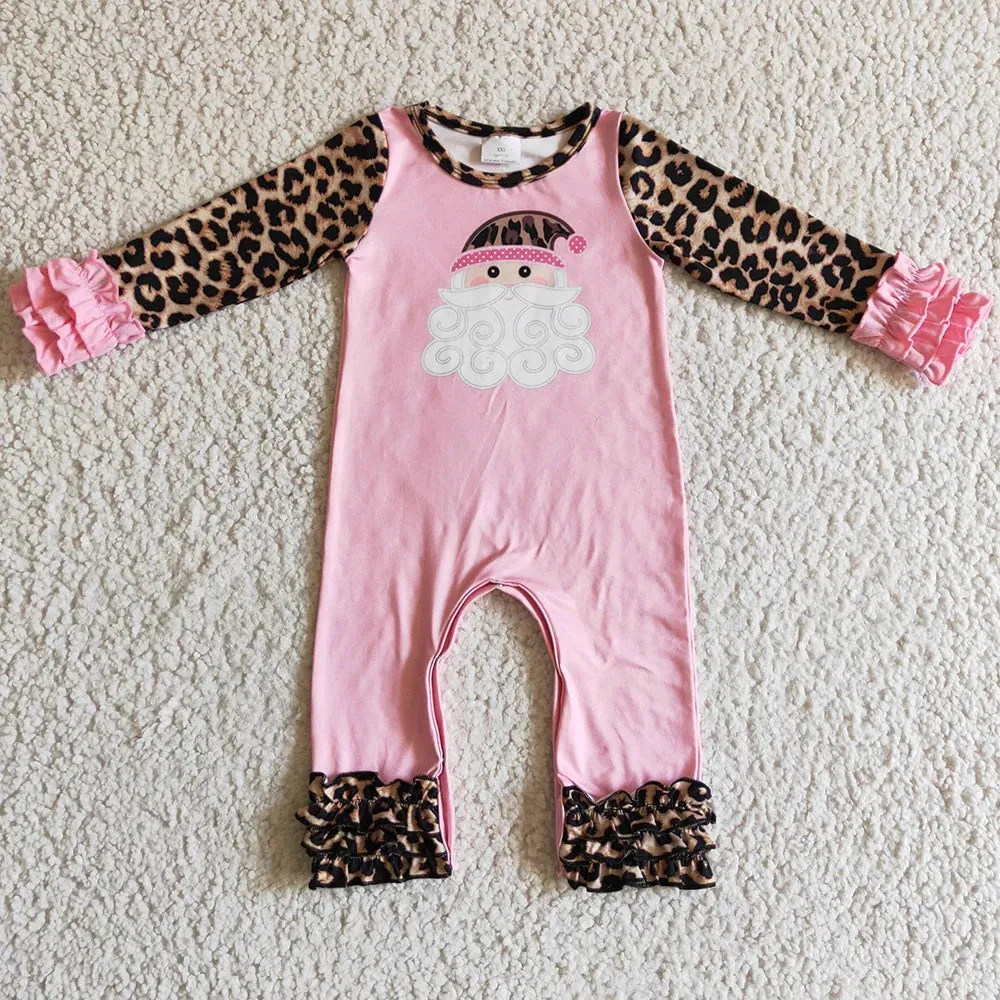 Baby Romper - Christmas - Santa Western Pink Leopard Ruffle Girls