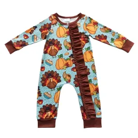 Baby Romper - Girls - Zip - Thanksgiving Turkey Pumpkin