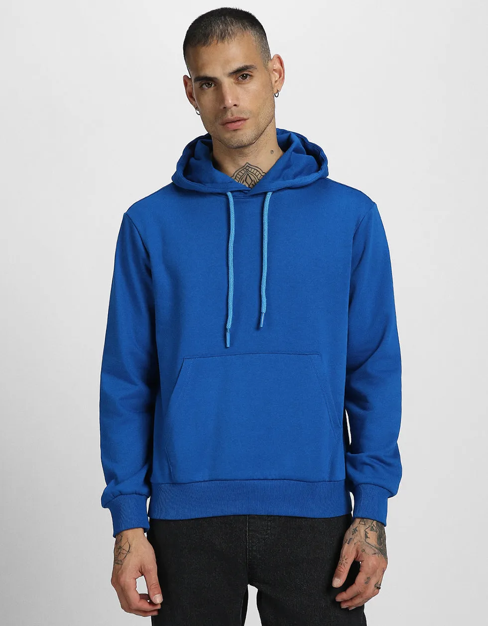 Blue Solid Regular Hoodie