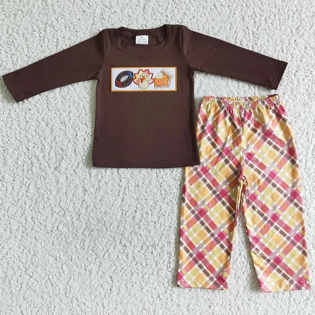 Boys Outfit - Thanksgiving - Turkey Football Pie Applique Plaid