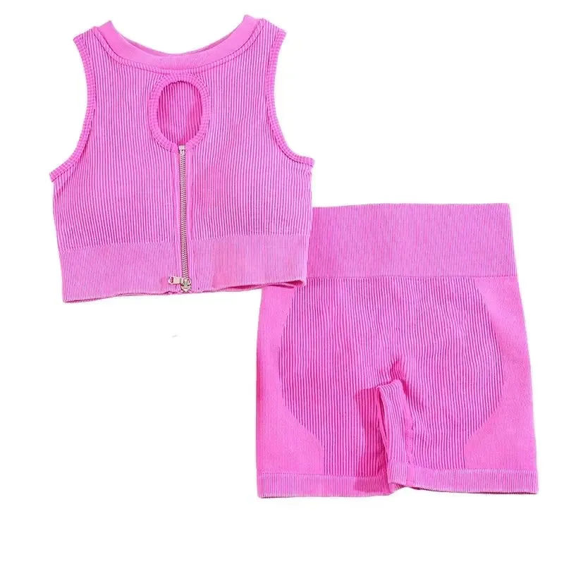 Cute Wash Ribbed Gym Set Zipper Shockproof Seamless Solid 2PC, Scrunch Booty & Push Up Bra