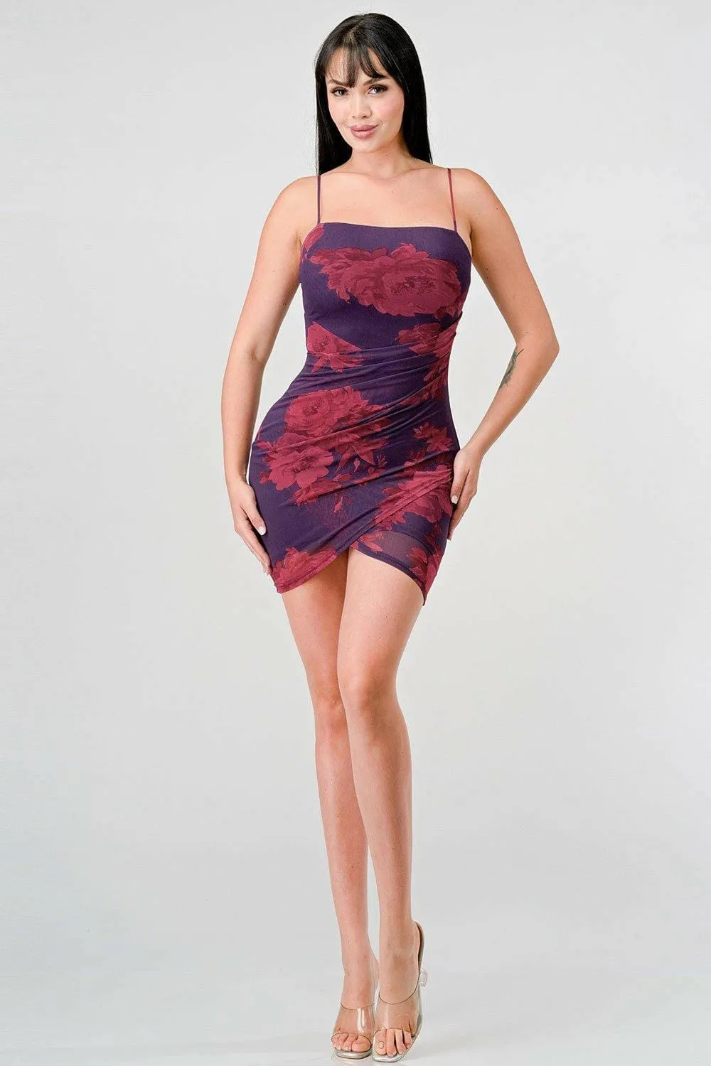 Dark Print Tulip Romance Mini Dress - Plum