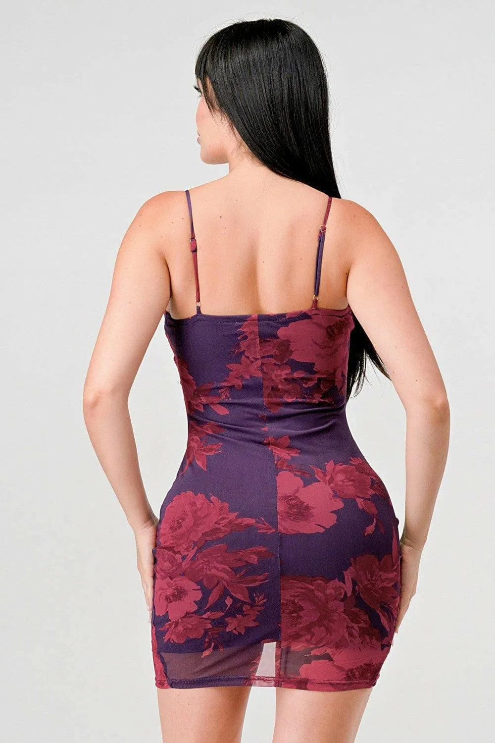 Dark Print Tulip Romance Mini Dress - Plum