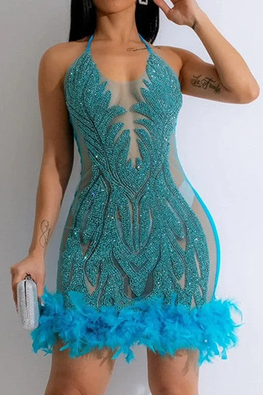 Dazzling Turquoise Embellished Feather Mini Dress