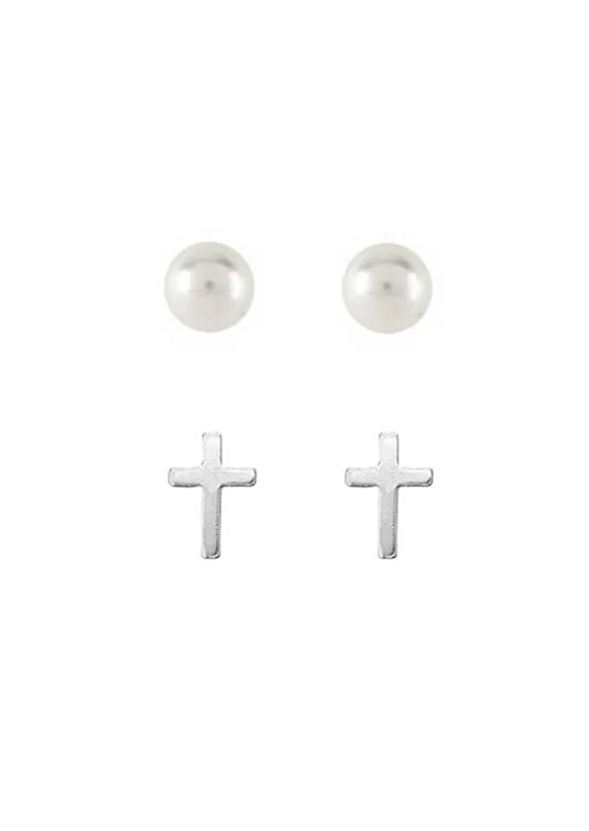 Drea Silver Stud Pack Cross & Pearls