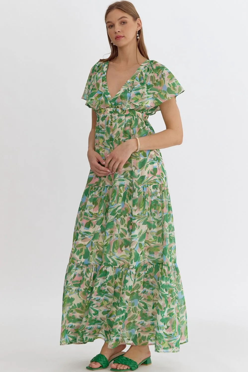 Ella Printed Tiered Maxi Dress, Green Multi