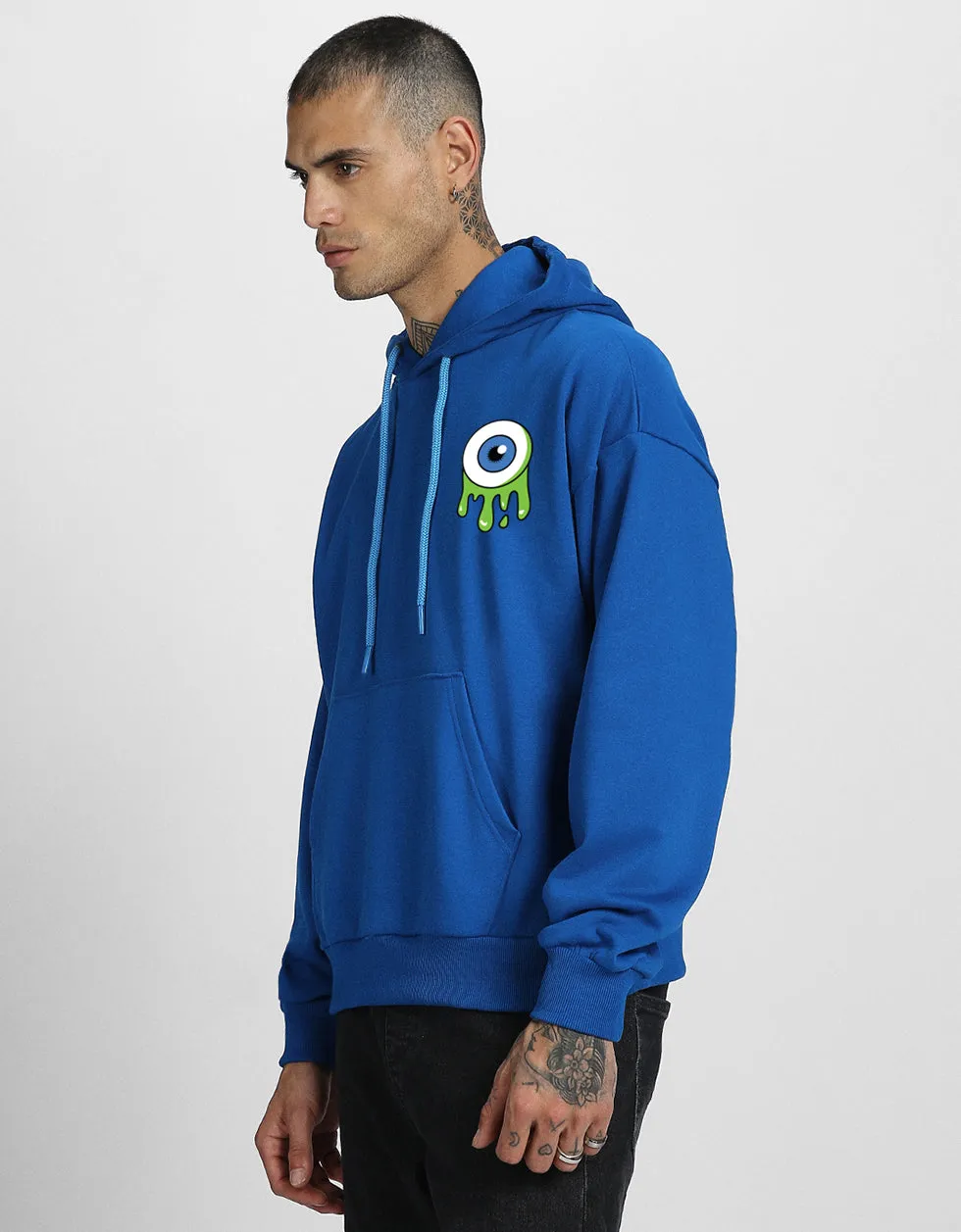 Eye Blue Pocket Graphic Printed Hoodie