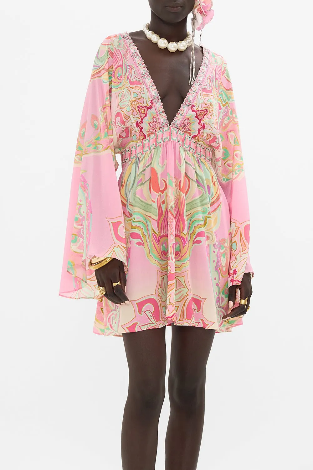 Gathered Kimono Mini Dress