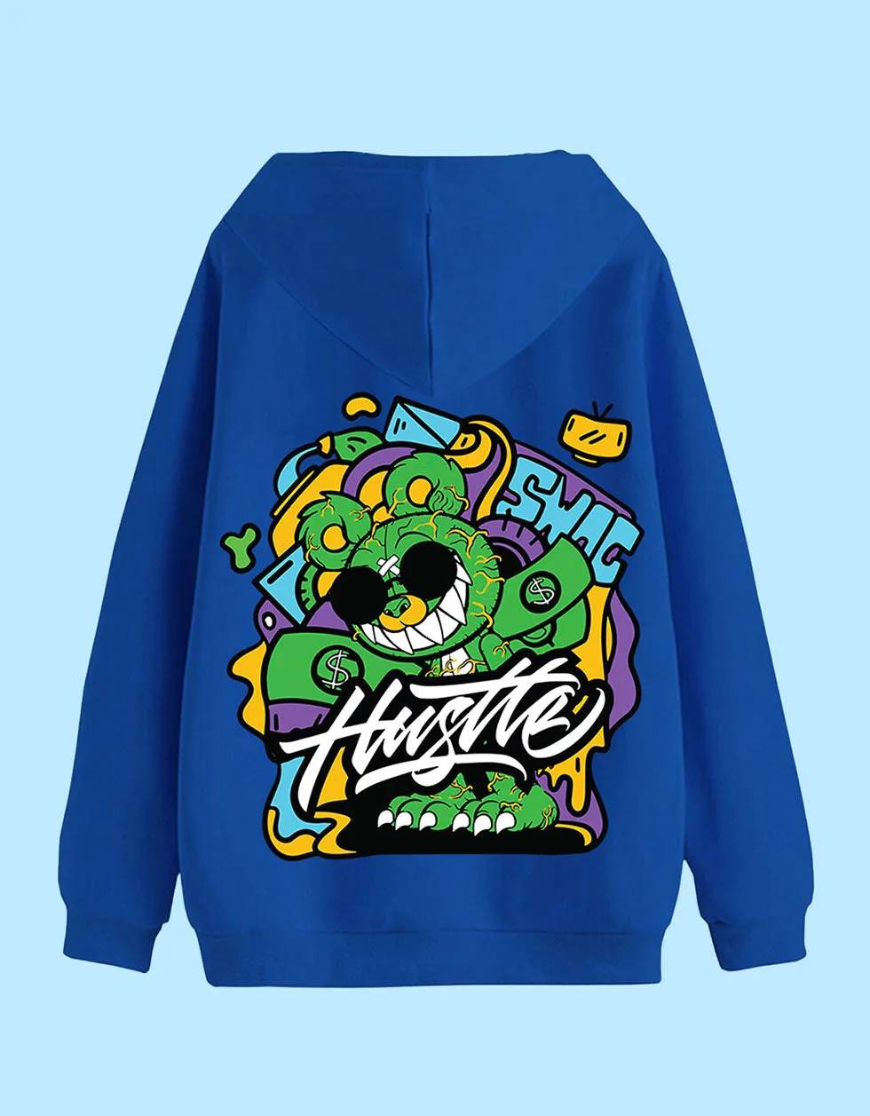 Hustle Blue Oversized Back Graphic Printed Hoodie