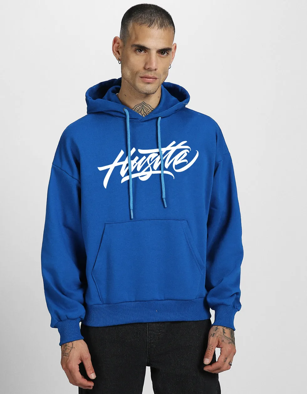 Hustle Blue Oversized Back Graphic Printed Hoodie