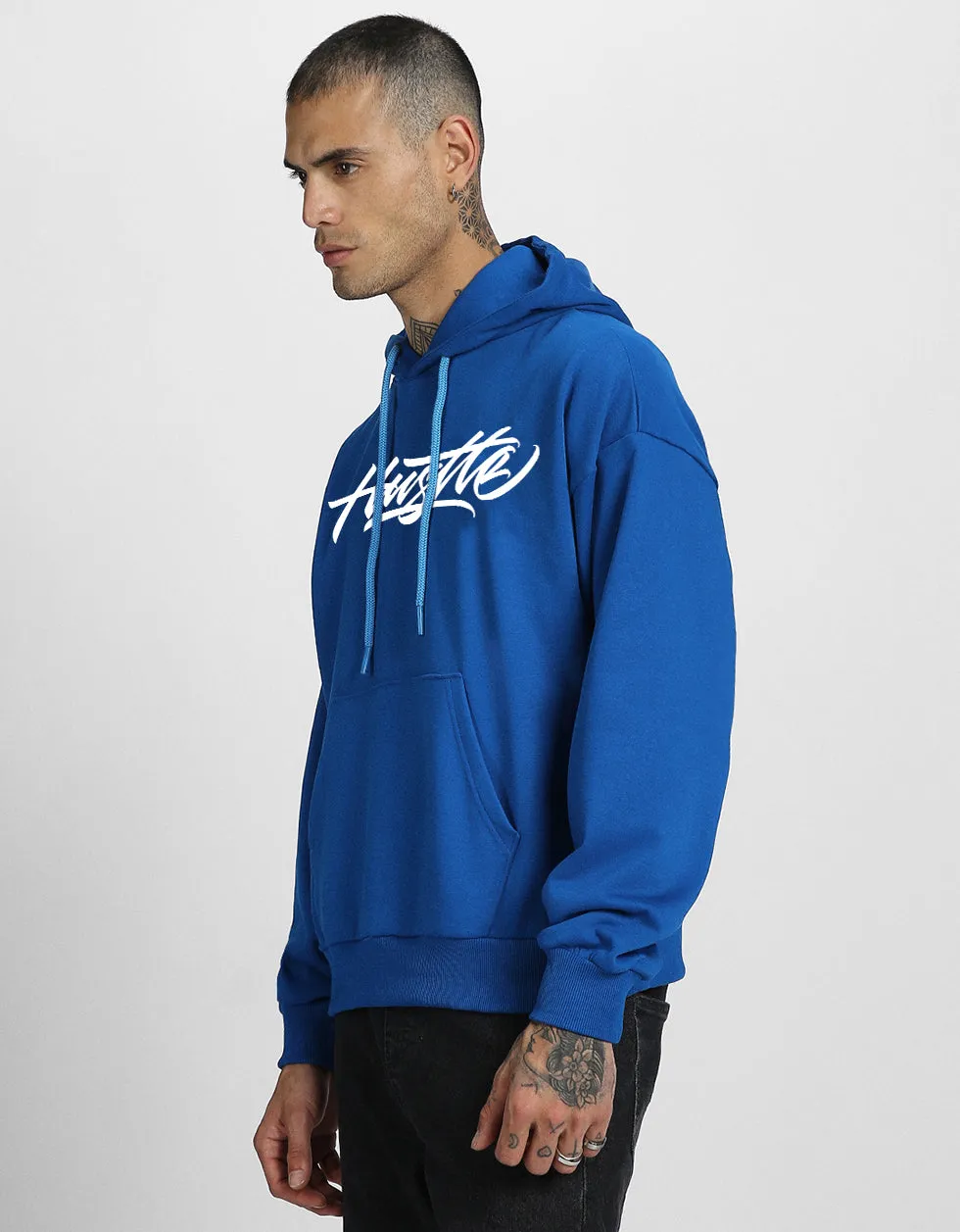 Hustle Blue Oversized Back Graphic Printed Hoodie