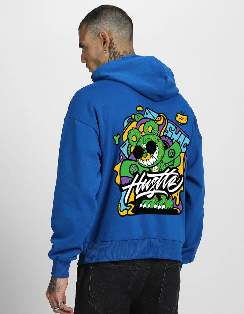 Hustle Blue Oversized Back Graphic Printed Hoodie