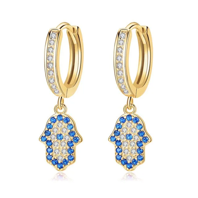 Lucky Blue Eye Hamsa Hand Cubic Zirconia 925 Sterling Silver Turkish Drop Earrings