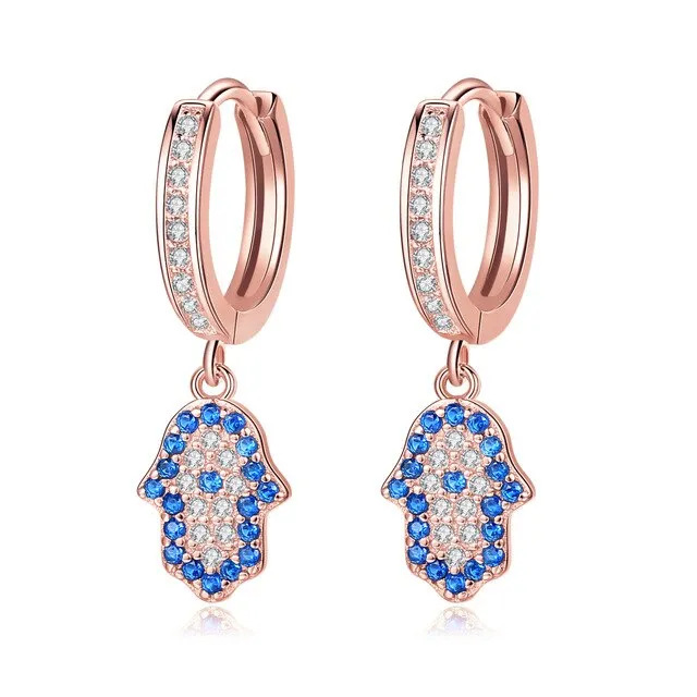 Lucky Blue Eye Hamsa Hand Cubic Zirconia 925 Sterling Silver Turkish Drop Earrings