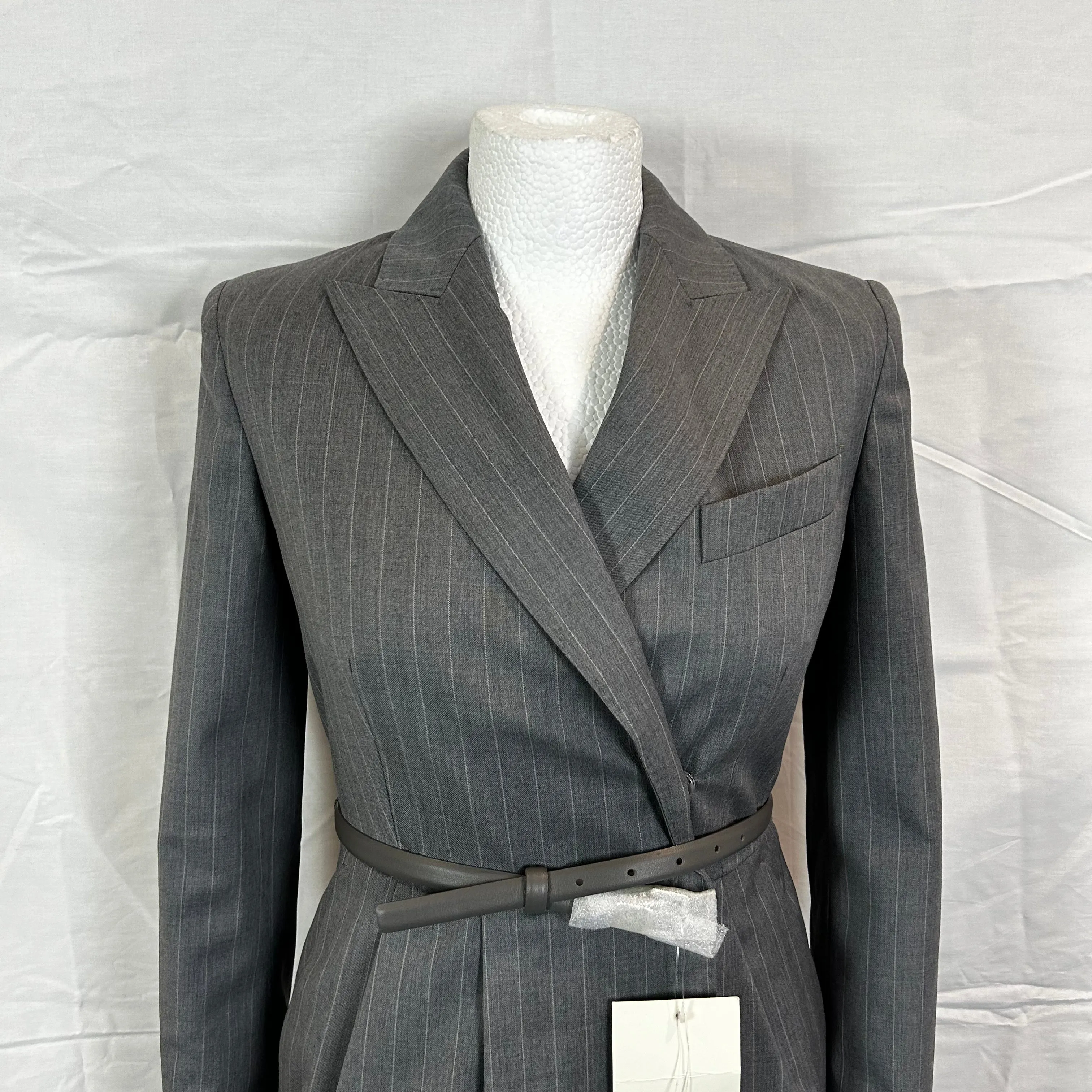 Max Mara Brand New Grey Pinstripe Suiting Wrap Dress XXS