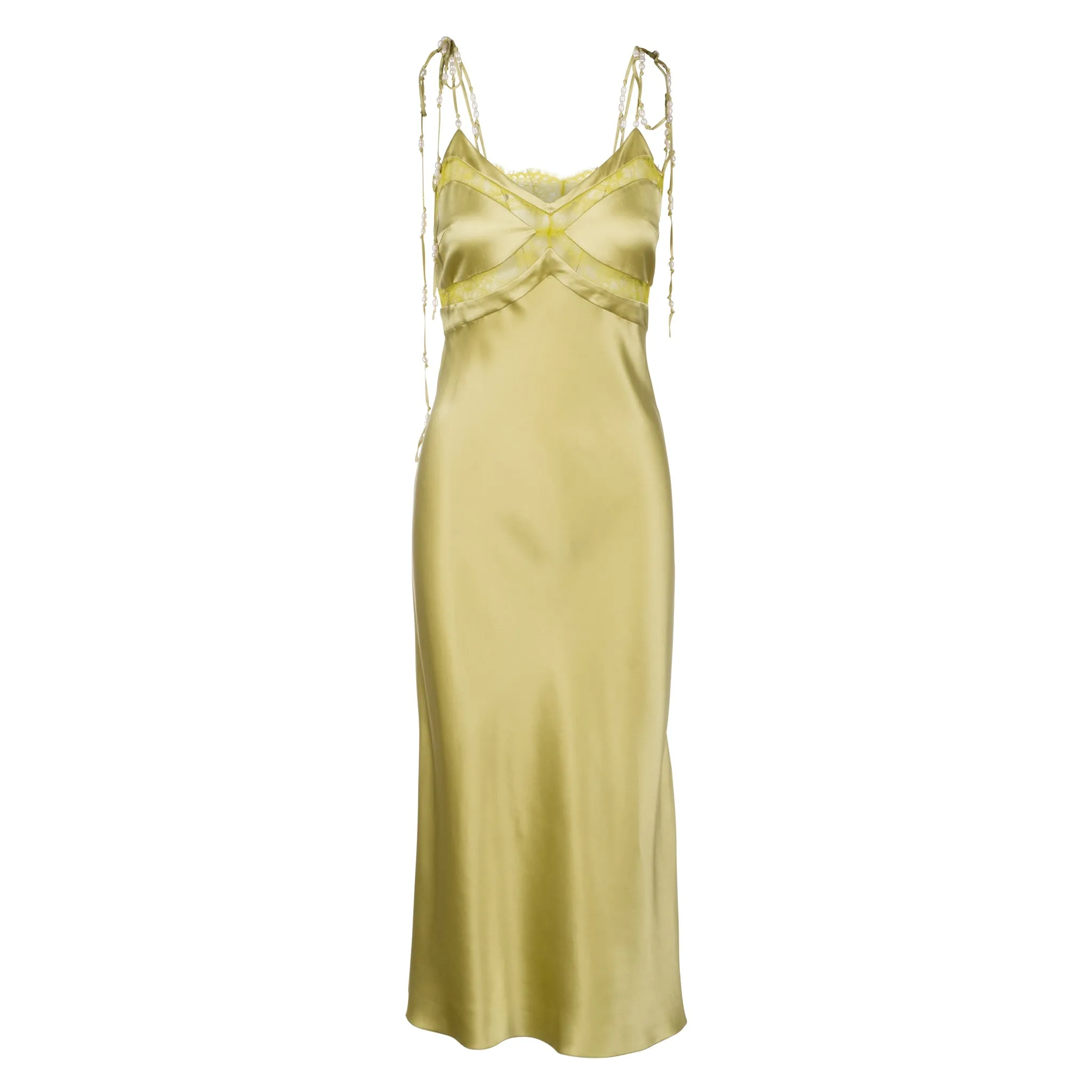 Moss Midi Dress w/ Lace Panel & Beaded Tie Straps