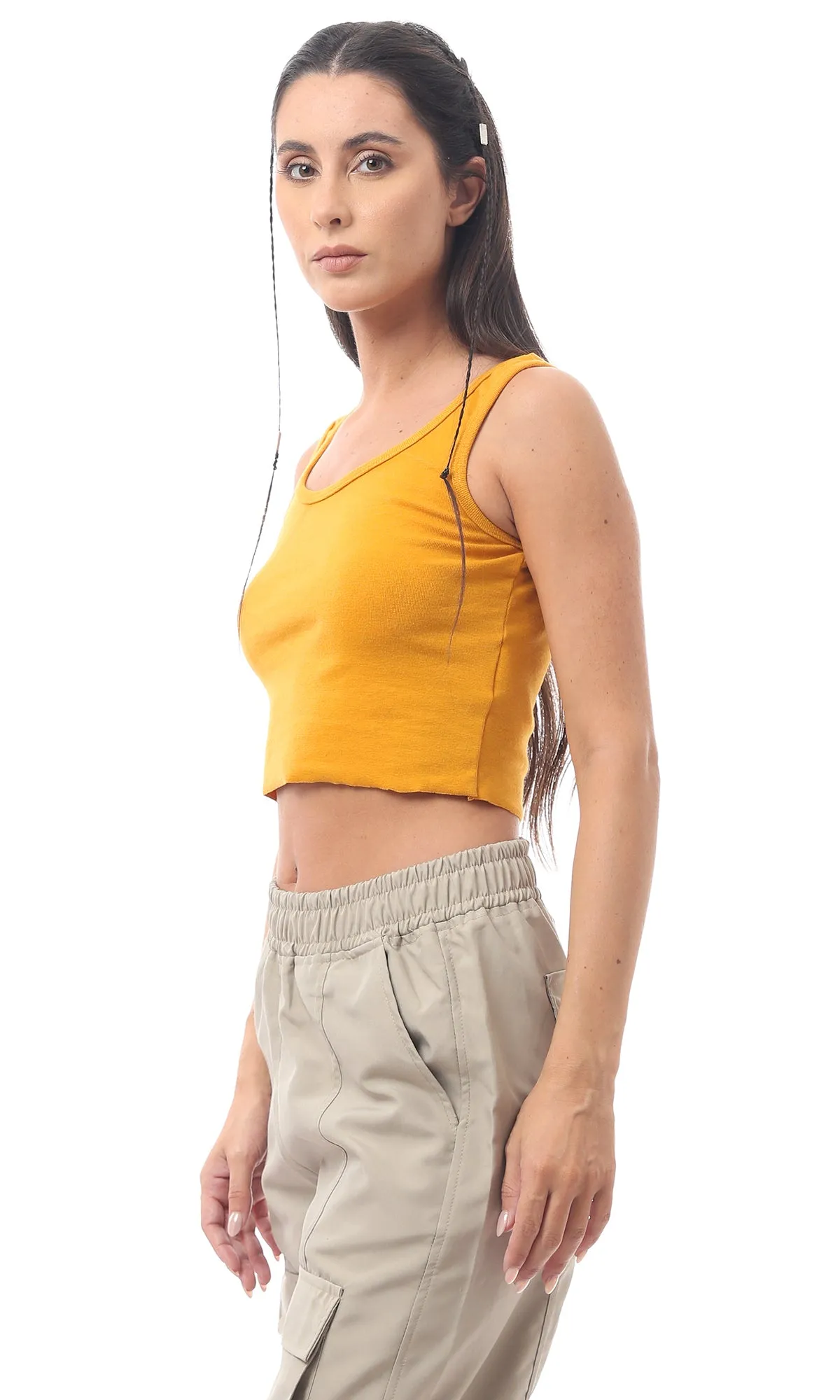 O166391 Cotton Orange Sleeveless Slip On Crop Top