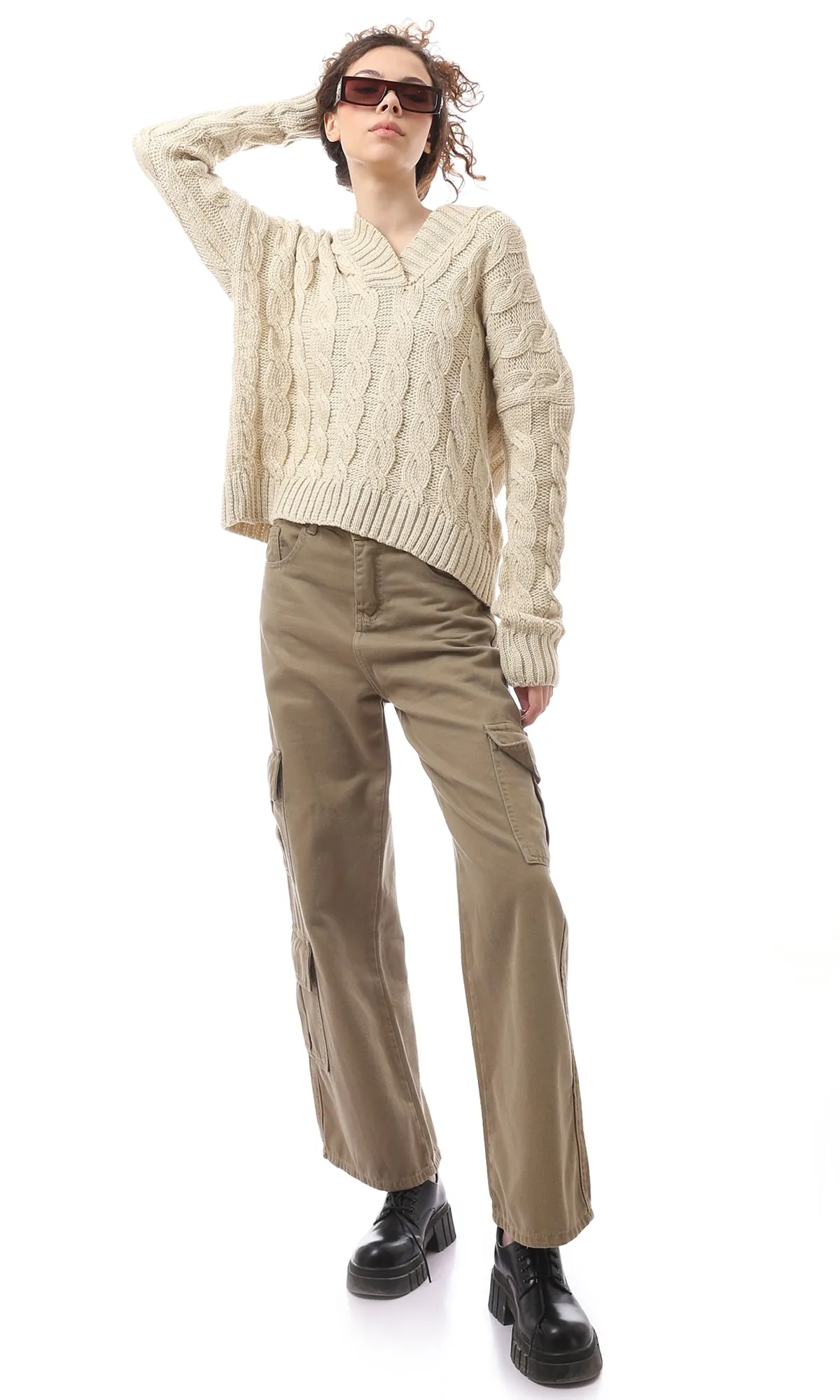 O170087 Beige Cropped Long Sleeve  Hooded Pullover