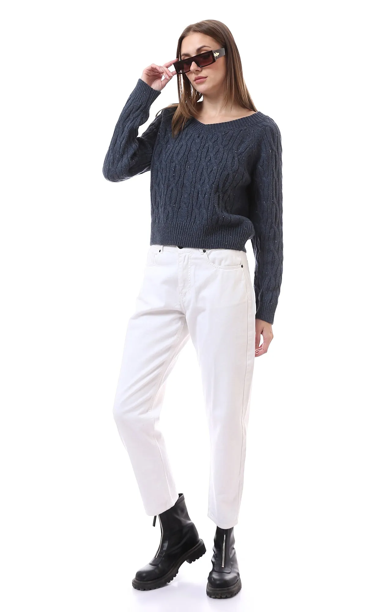 O172551 Deep V-Neck Slip On Light Navy Blue Knitted Pullover