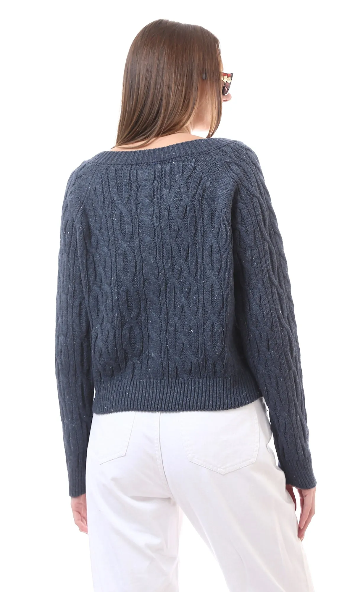 O172551 Deep V-Neck Slip On Light Navy Blue Knitted Pullover