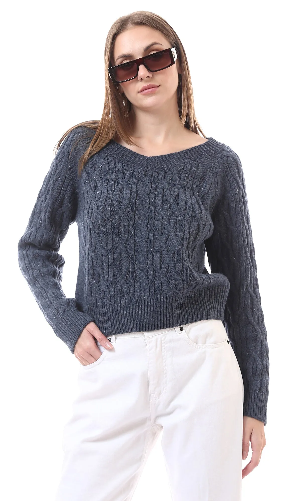 O172551 Deep V-Neck Slip On Light Navy Blue Knitted Pullover