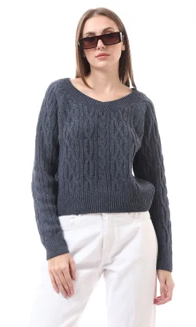 O172551 Deep V-Neck Slip On Light Navy Blue Knitted Pullover