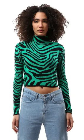 O173084 High-Neck Green & Black Zebra Short Pullover