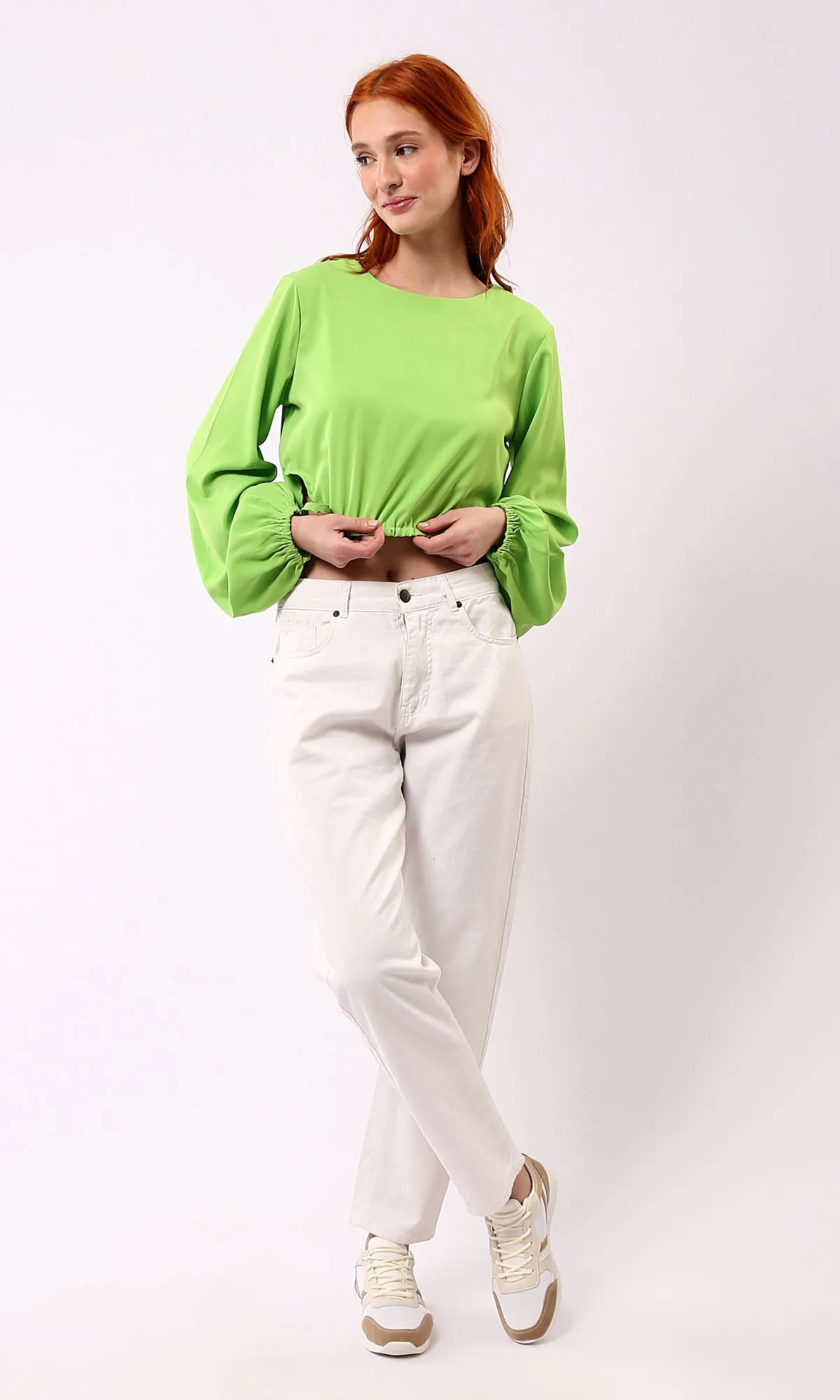 O188404 Slip On Casual Blouse With Drawstring Hem - Neon Green