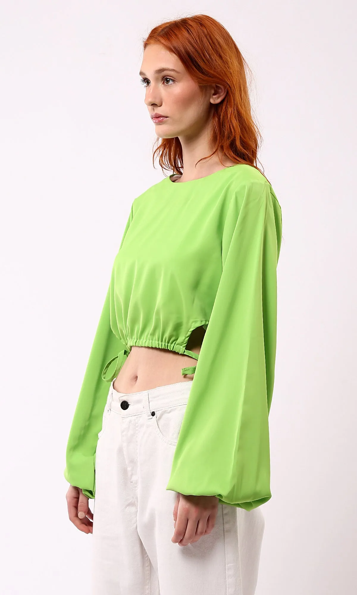 O188404 Slip On Casual Blouse With Drawstring Hem - Neon Green