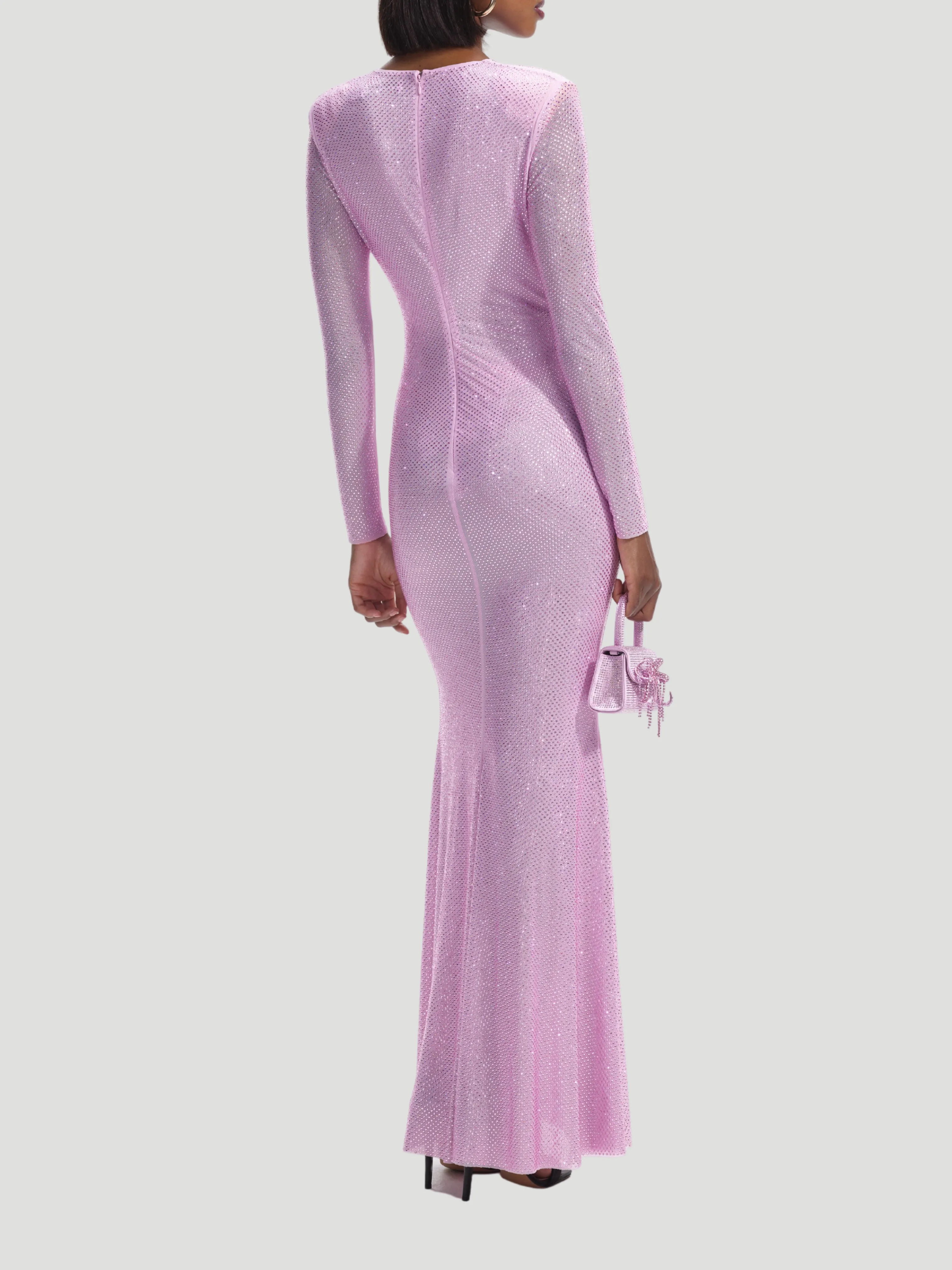 Pink Rhinestone Mesh Maxi Dress