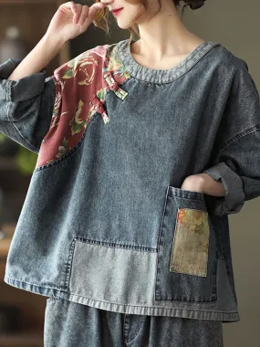 Plus Size Women Retro Stitching Patchwork Print Floral Denim Sweatshirt SC1032