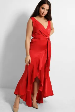 Red Frilled Wrap Maxi Dress