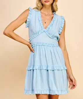 Ruffle Detail Mini Dress - Pastel Blue