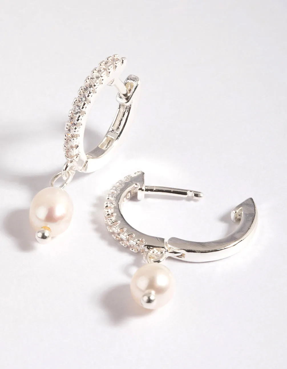 Silver Plated Cubic Zirconia Pearl Huggie Hoop Earrings