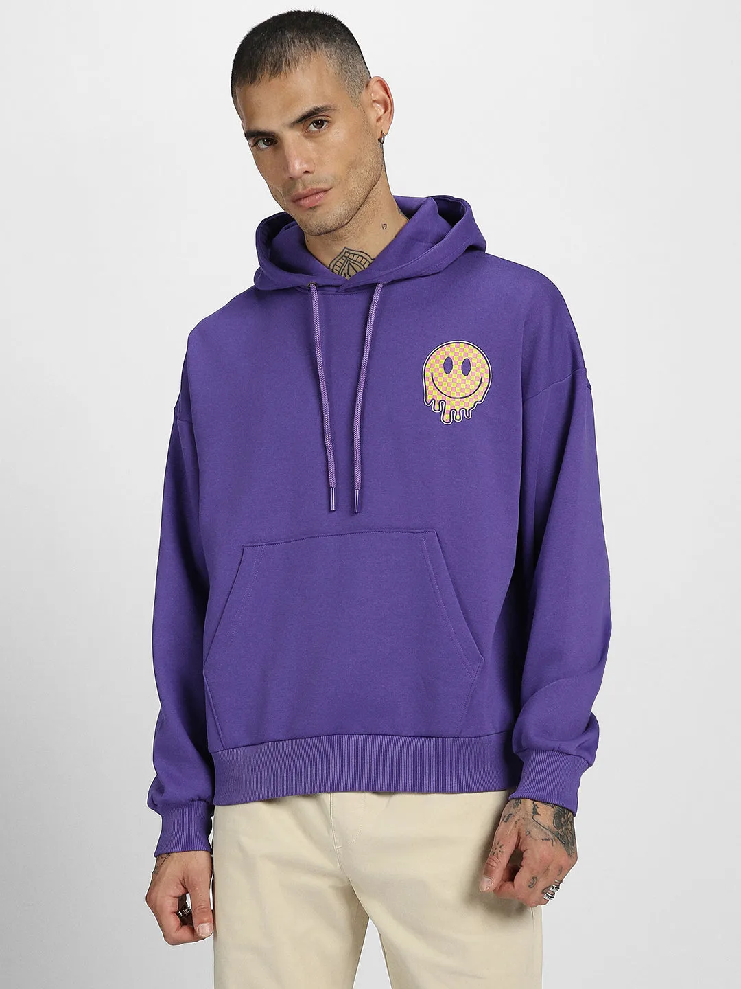 Smile Purple Oversized Pocket Graphic Printed Hoodie