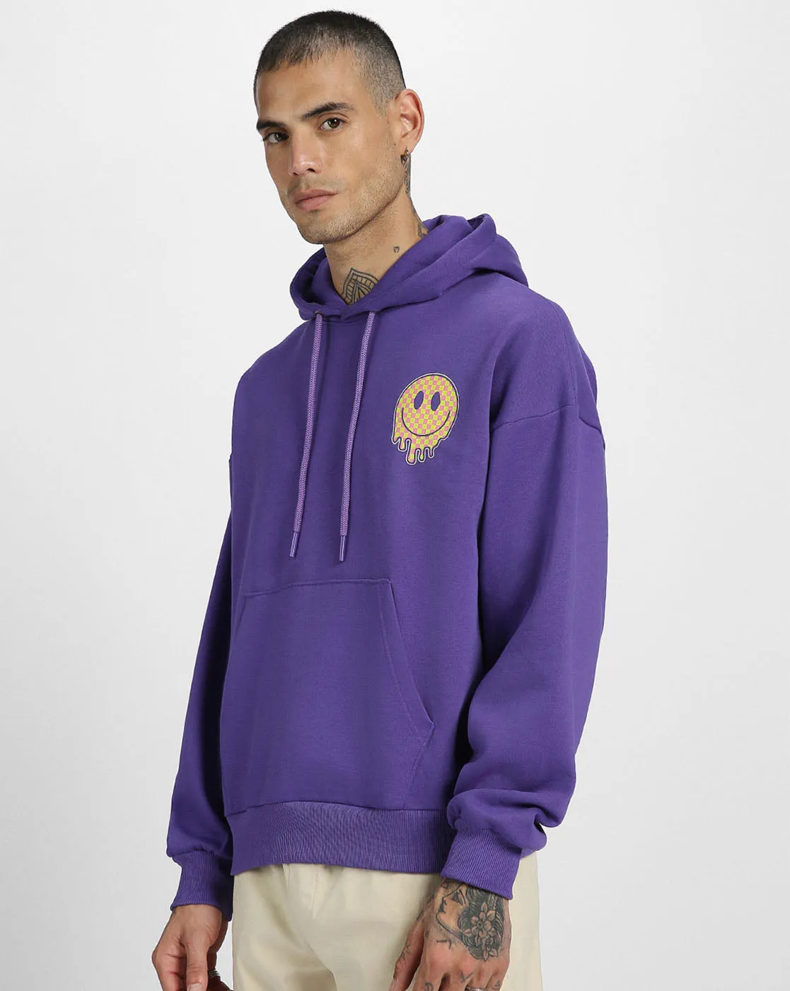 Smile Purple Oversized Pocket Graphic Printed Hoodie