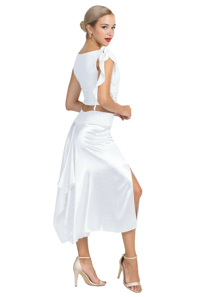 White Shiny Satin Midi Skirt With Back Movement