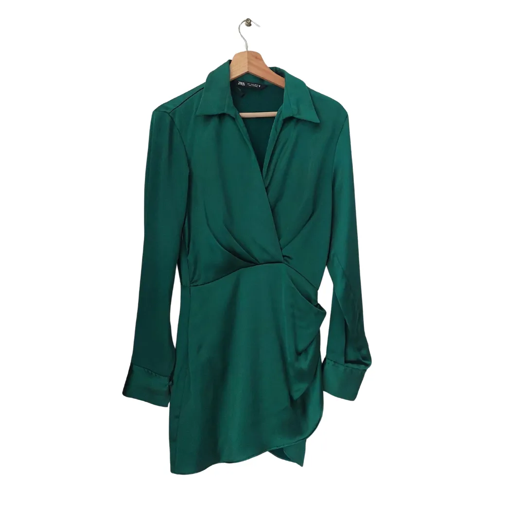 ZARA Emerald Green Satin Knee-length Dress | Pre Loved |